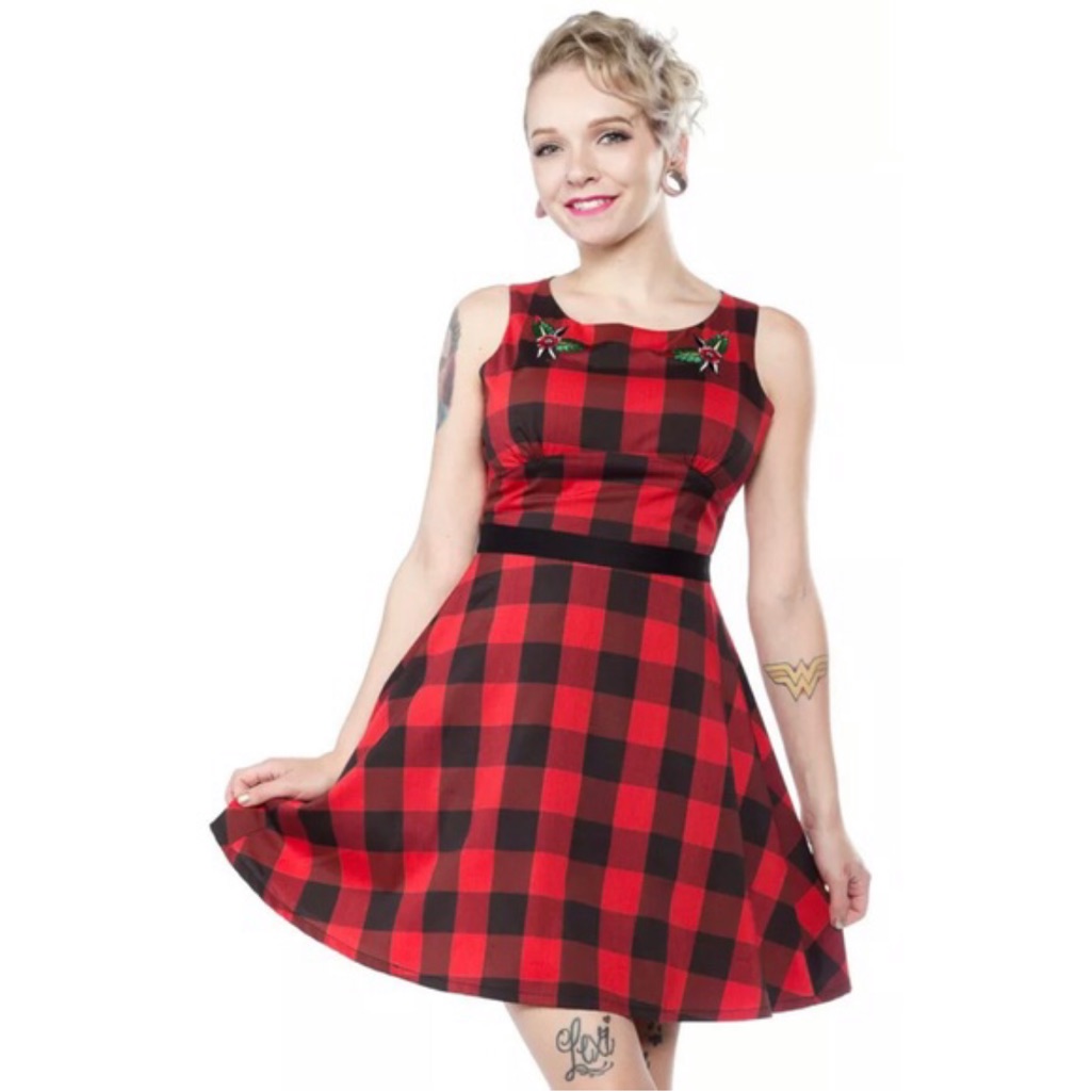 Sourpuss Red And Black Buffalo Check Embroidered Dress In Size Medium
